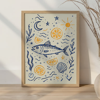 Mediterranean Fish Print Coastal Kitchen Wall Art Nautical Poster Lemon Seafood Illustration Beach House Decor Blue Yellow A4 A3 A2 A1