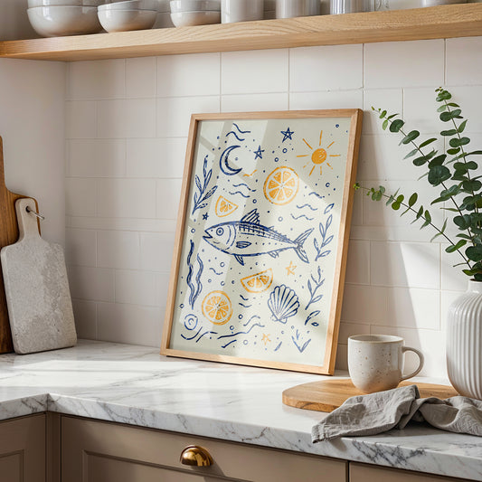 Mediterranean Fish Print Coastal Kitchen Wall Art Nautical Poster Lemon Seafood Illustration Beach House Decor Blue Yellow A4 A3 A2 A1