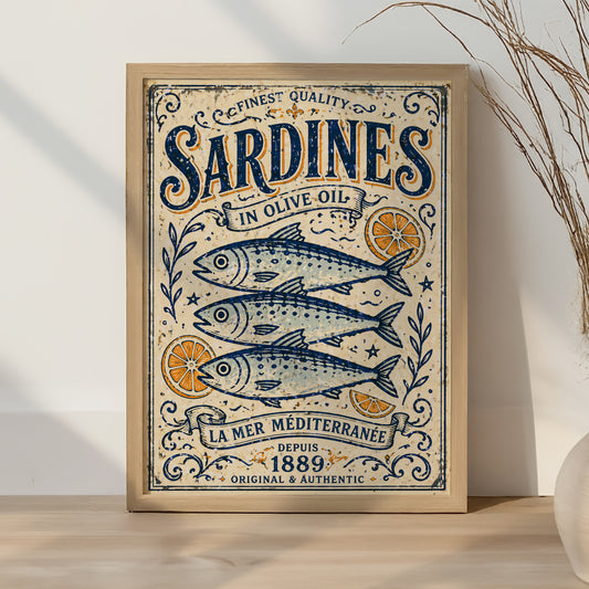 Vintage Sardines Print Coastal Kitchen Wall Art French Seafood Poster Mediterranean Decor Nautical Fish Illustration A4 A3 A2 A1