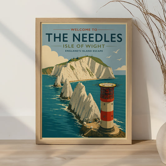 The Needles Isle of Wight Print Vintage Travel Poster Lighthouse Wall Art UK Coastal Decor Seaside Landscape Retro A4 A3 A2 A1