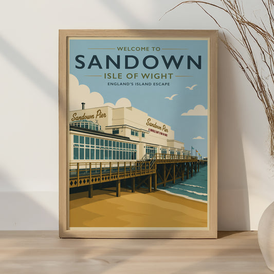 Sandown Isle of Wight Print Vintage Travel Poster Beach Pier Wall Art UK Coastal Decor Seaside Illustration Retro Tourism A4 A3 A2 A1