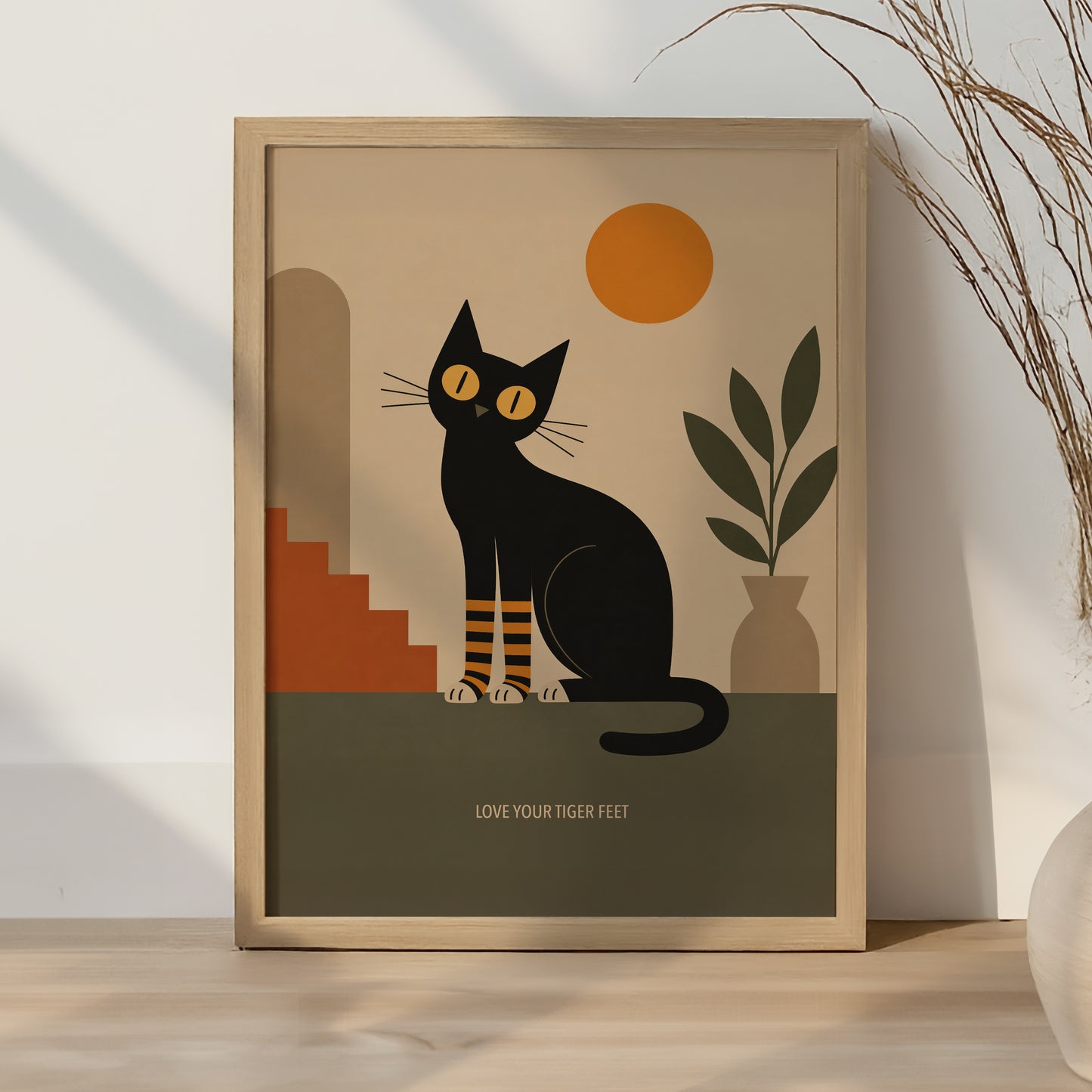 Black Cat Tiger Feet Print Mid Century Modern Wall Art Minimalist Cat Poster Retro Home Decor Cat Lover Gift Abstract Illustration