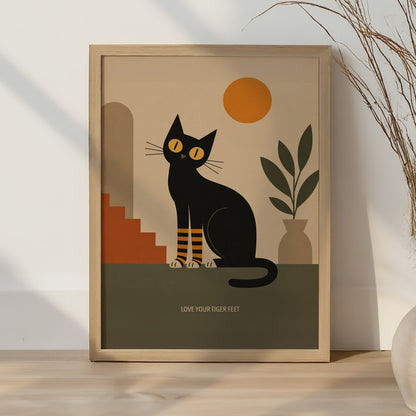 Black Cat Tiger Feet Print Mid Century Modern Wall Art Minimalist Cat Poster Retro Home Decor Cat Lover Gift Abstract Illustration