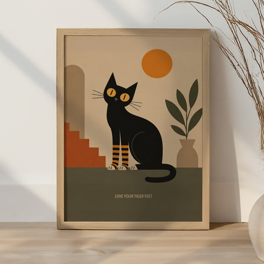 Black Cat Tiger Feet Print Mid Century Modern Wall Art Minimalist Cat Poster Retro Home Decor Cat Lover Gift Abstract Illustration