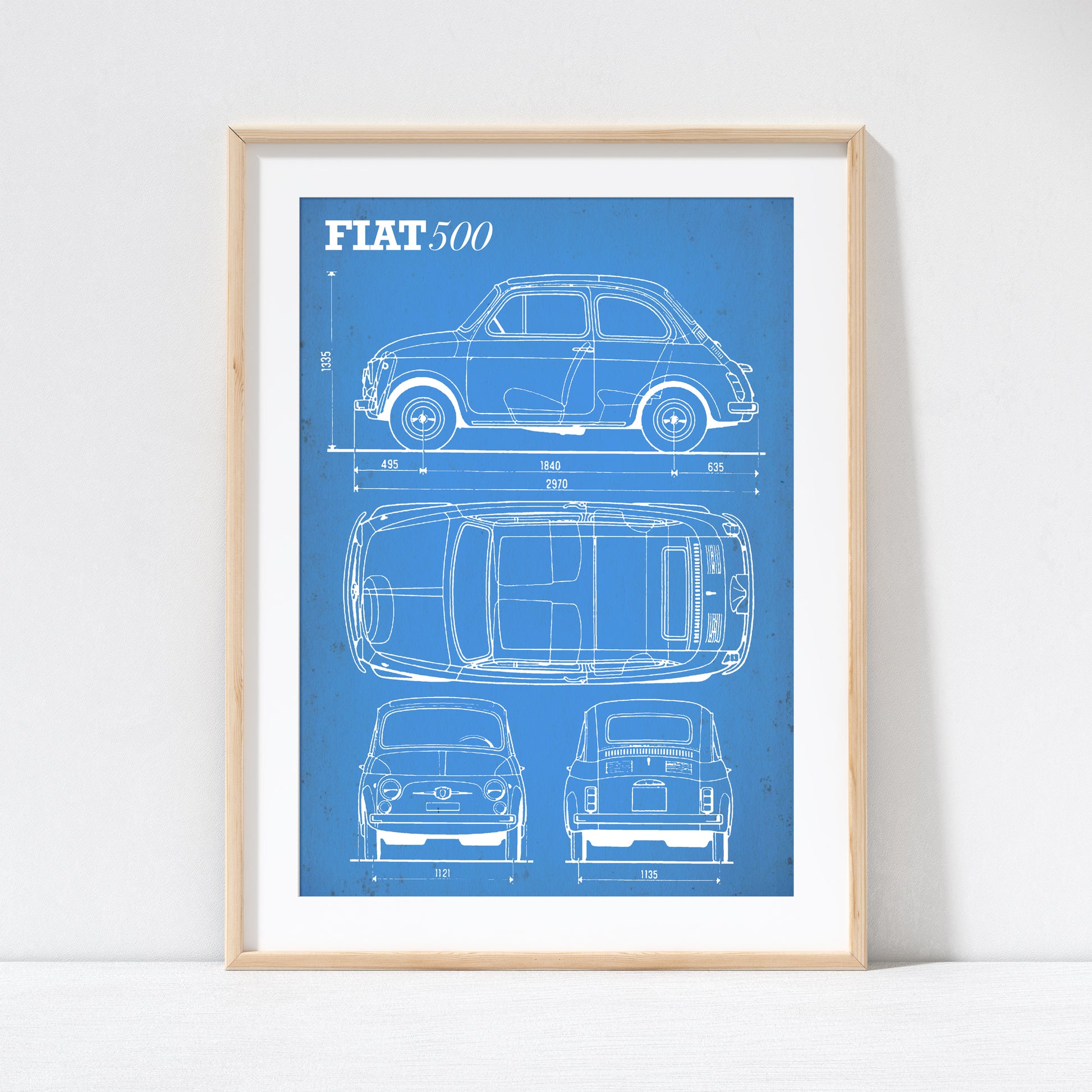 Fiat 500 Classic Vintage Blueprint Poster wall Art