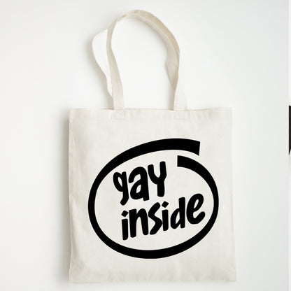 Funny Slogan Tote Bag – “Gay Inside” Computer Icon Shopping Bag