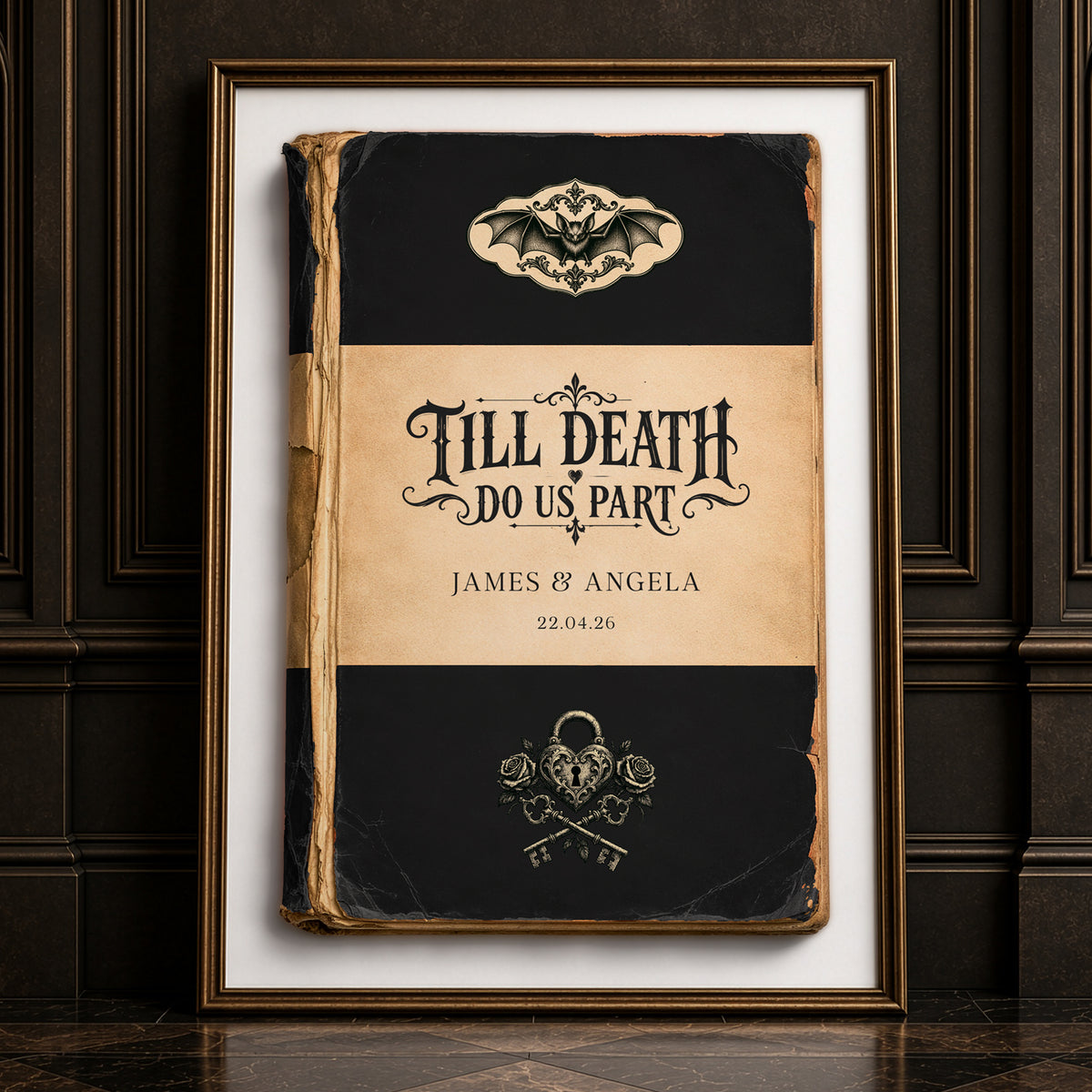 Personalised gothic wedding wall art print featuring Till Death Do Us Part on a distressed black Victorian book cover with bat, heart padlock, roses, couple's names and wedding date.