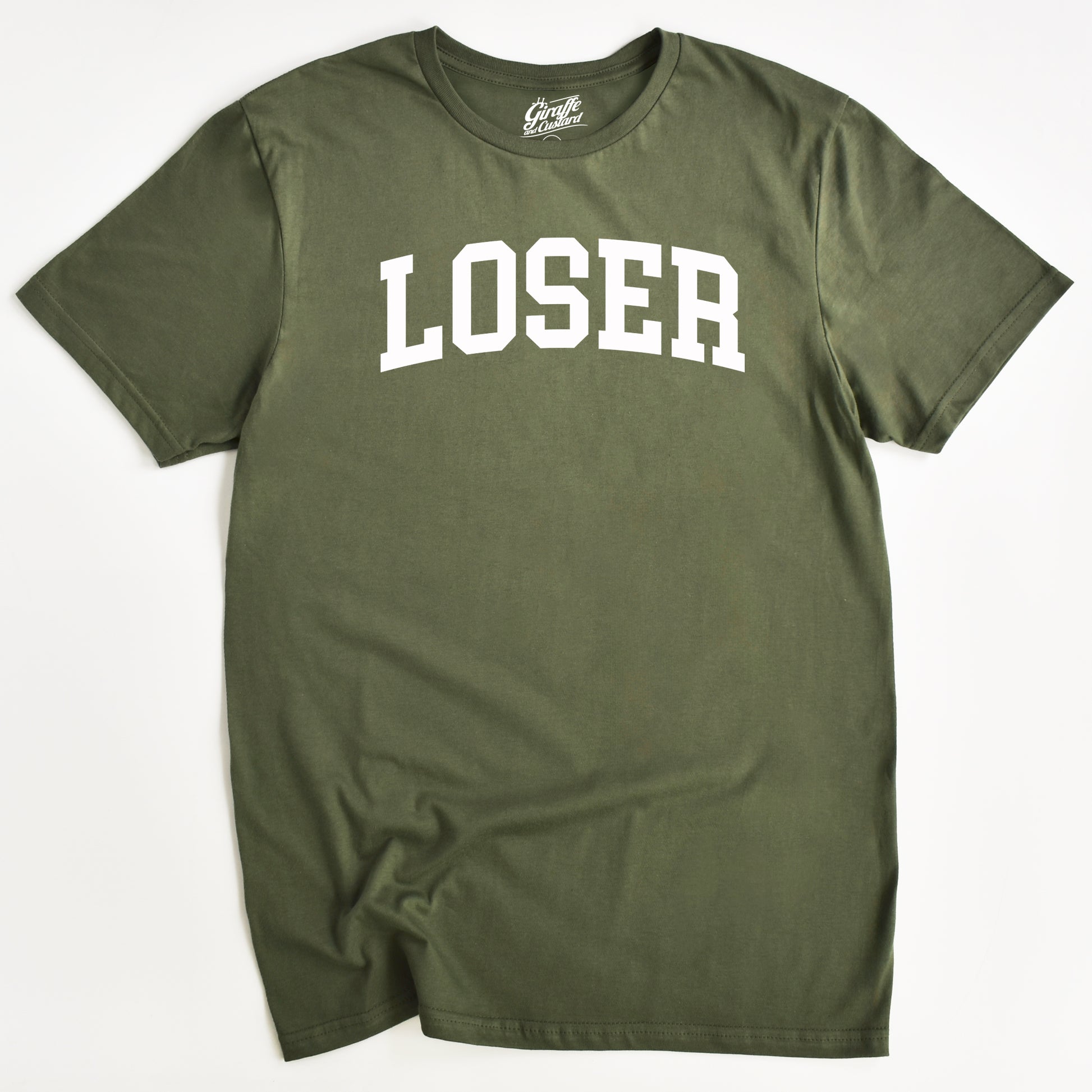 Green t-shirt with 'LOSER' printed in white on a white background