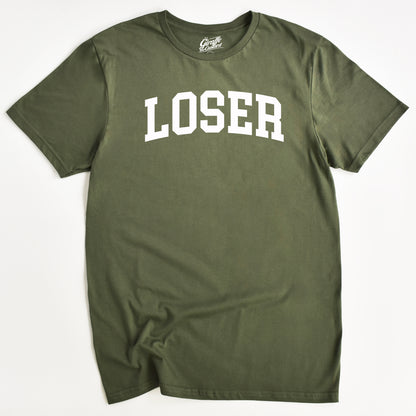 Green t-shirt with 'LOSER' printed in white on a white background