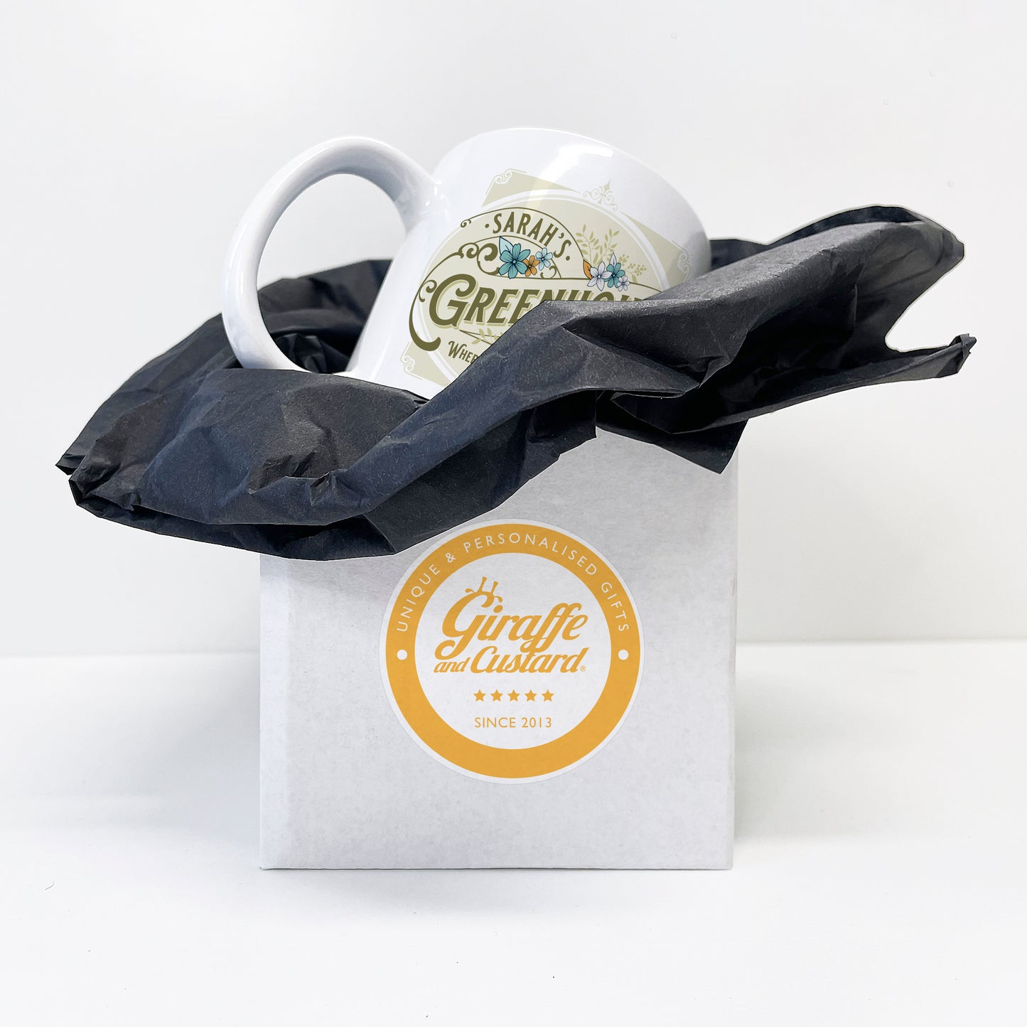 Personalised Greenhouse Vintage Gardener Ceramic Mug Gift 11oz showing box packaging