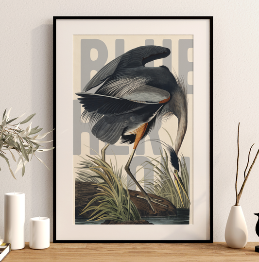 Blue Heron Wall Art Vintage Bird Print Coastal Nature Poster Neutral Wildlife Decor Botanical Ornithology Artwork