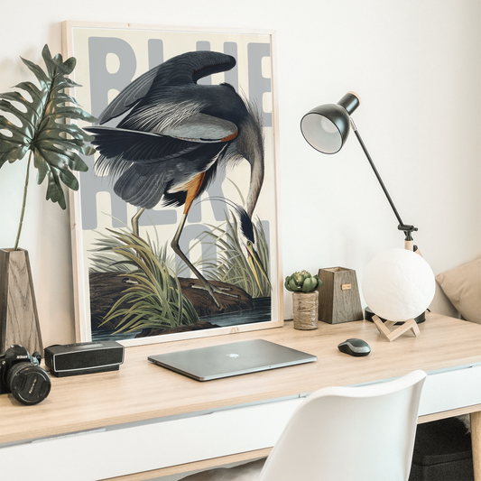 Blue Heron Wall Art Vintage Bird Print Coastal Nature Poster Neutral Wildlife Decor Botanical Ornithology Artwork