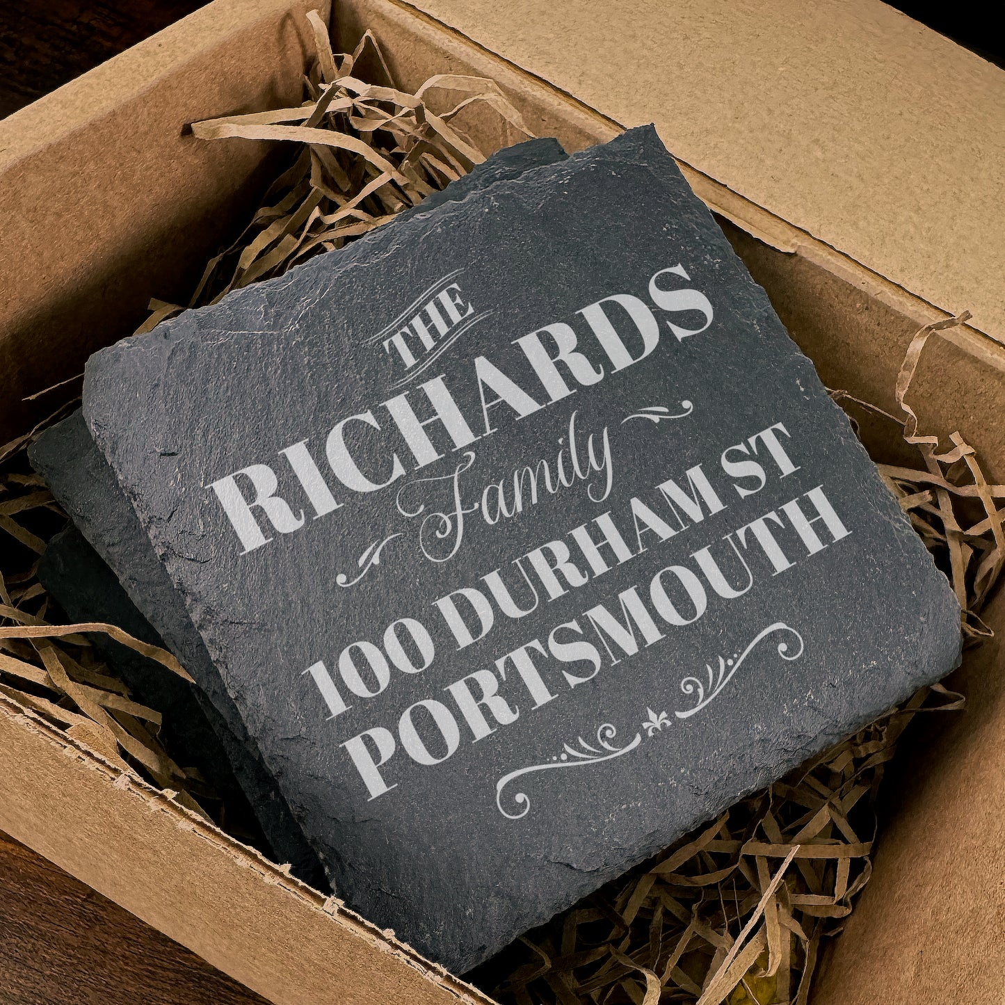 Personalised Slate Coaster, Grey Slate coaster, Traditional Coaster with family name and address