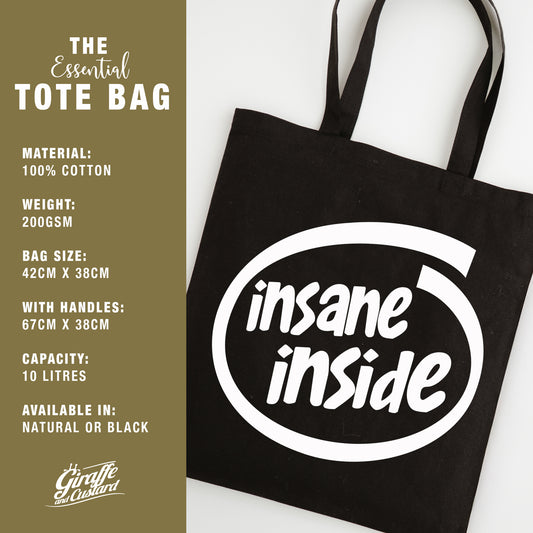 Funny Slogan Tote Bag – “Insane Inside” Computer Icon Shopping Bag