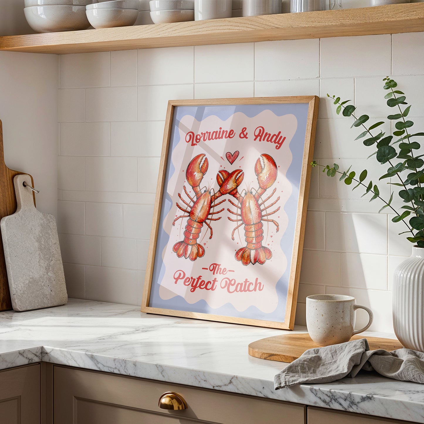 Personalised Lobster Couple Print, Perfect Catch Wedding Gift, Anniversary Wall Art, Coastal Love Print, A4 A3 A2 A1