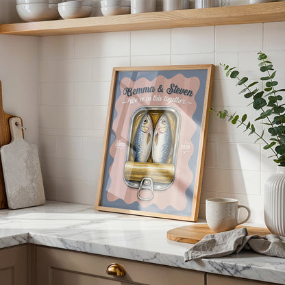 Personalised Sardines Couple Print, We're In This Together Wedding Gift, Anniversary Wall Art, Coastal Love Print, A4 A3 A2 A1