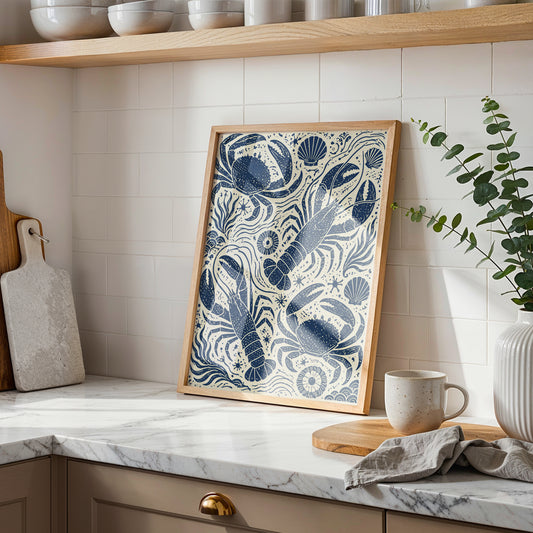 Coastal Seafood Pattern Print Nautical Wall Art Crab Lobster Poster Beach House Decor Blue White Ocean Kitchen Art A4 A3 A2 A1 Unframed