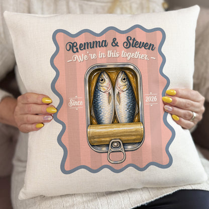 Personalised Sardine Cushion Cover, Couples Anniversary Gift, Custom Names & Year Pillow, Funny Fish Gift, Wedding Gift for Couple