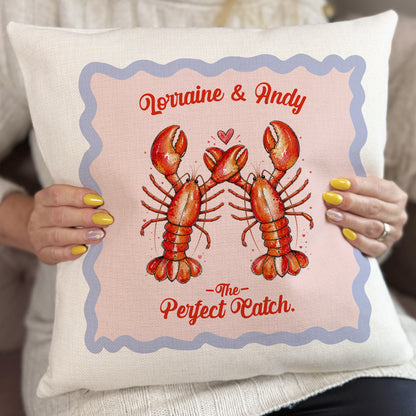 Personalised Lobster Cushion Cover, Couples Gift, Perfect Catch Pillow, Anniversary Wedding Gift, Custom Names, Coastal Home Decor