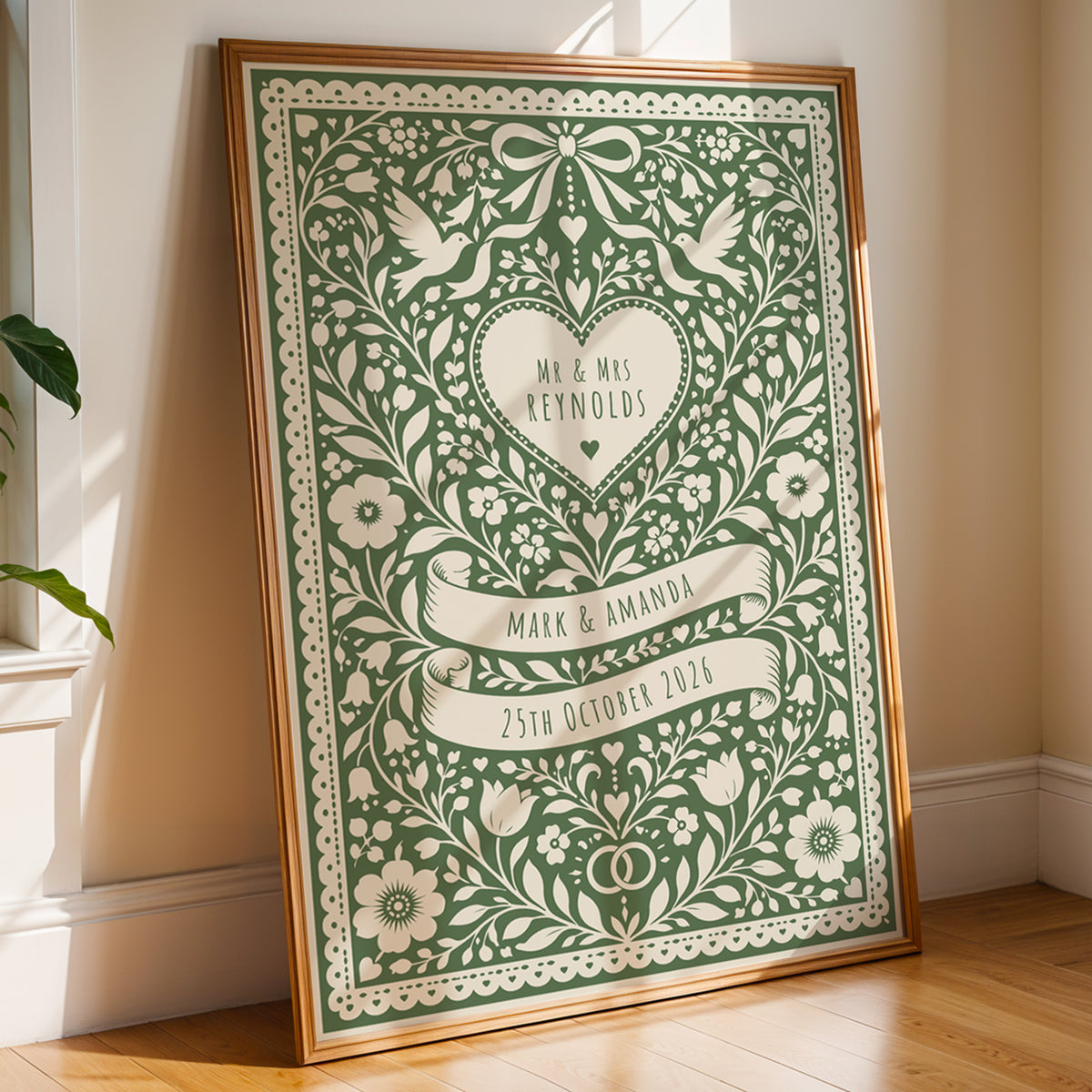 Personalised Folk Art Wedding Print – Custom Couple & Wedding Date Wall Art