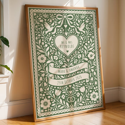 Personalised Folk Art Wedding Print – Custom Couple & Wedding Date Wall Art