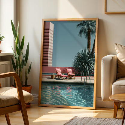 Retro Poolside Wall Art Print, Mid Century Swimming Pool Poster, Palm Tree Art, Summer Holiday Decor, Colourful Pool Print A4 A3 A2 A1 DH02