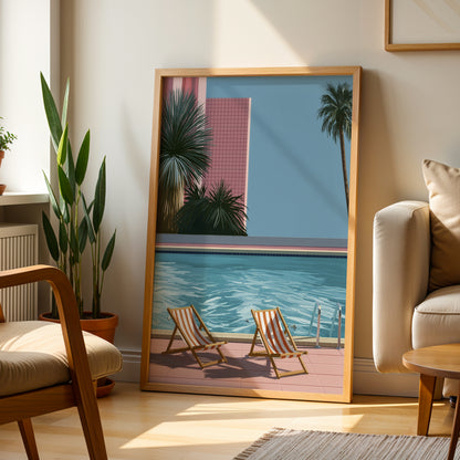 Retro Poolside Wall Art Print, Swimming Pool Poster, Palm Tree Art, Mid Century Summer Decor, Colourful Holiday Print A4 A3 A2 A DH01