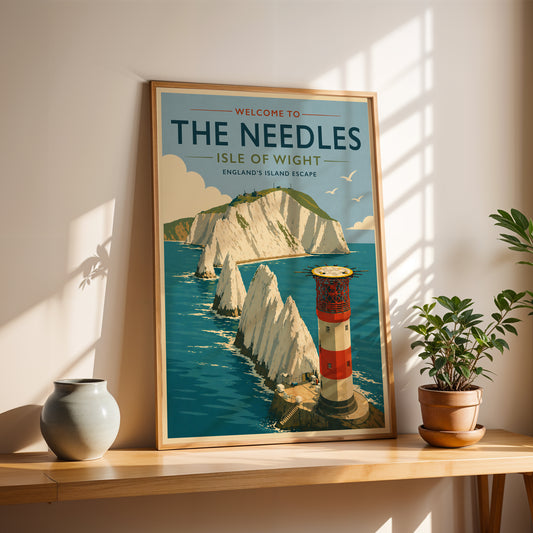 The Needles Isle of Wight Print Vintage Travel Poster Lighthouse Wall Art UK Coastal Decor Seaside Landscape Retro A4 A3 A2 A1