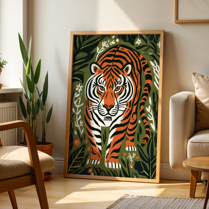 Tiger Wall Art Print, Jungle Animal Poster, Botanical Tiger Art, Folk Art Wildlife Decor, Maximalist Print, A4 A3 A2 A1