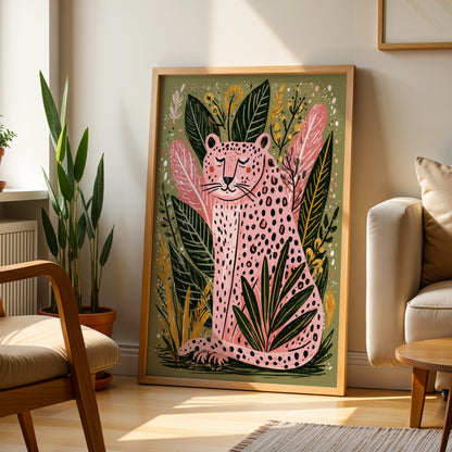 Pink Leopard Wall Art Print, Boho Jungle Animal Poster, Folk Art Botanical Decor, Maximalist Leopard Print, A4 A3 A2 A1