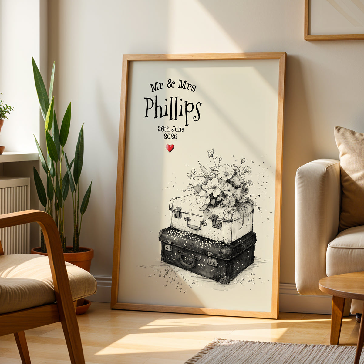 Personalised Wedding Print – Vintage Suitcase Couple Wedding Gift