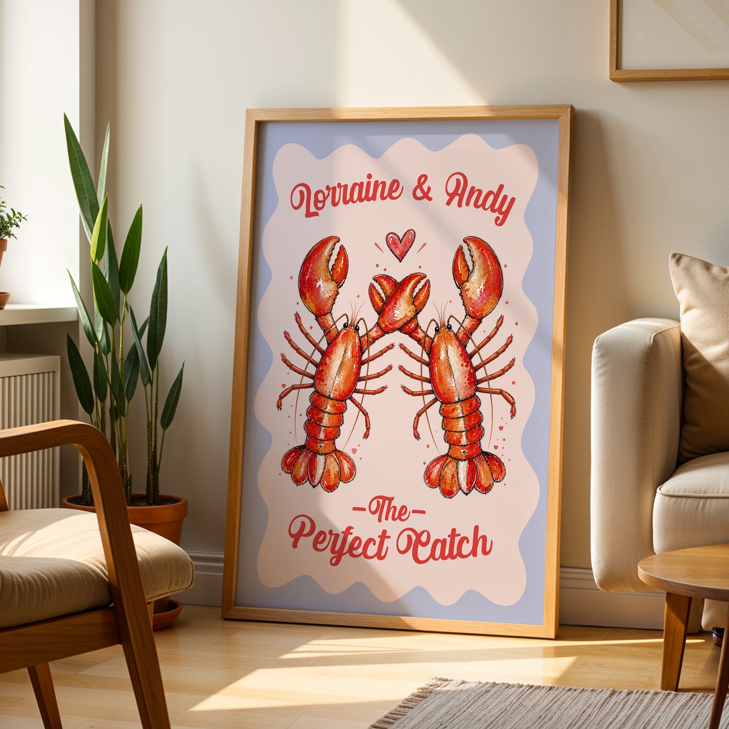 Personalised Lobster Couple Print, Perfect Catch Wedding Gift, Anniversary Wall Art, Coastal Love Print, A4 A3 A2 A1
