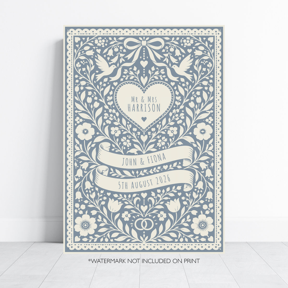 Personalised Folk Art Wedding Print – Custom Couple & Wedding Date Wall Art
