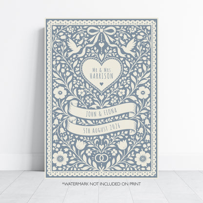 Personalised Folk Art Wedding Print – Custom Couple & Wedding Date Wall Art