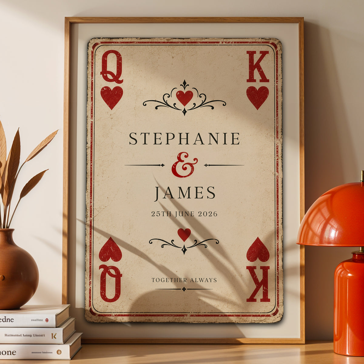 Personalised King and Queen of Hearts vintage playing card wedding print with couple names and special date
