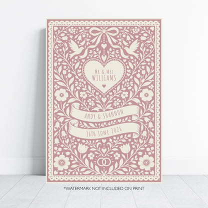 Personalised Folk Art Wedding Print – Custom Couple & Wedding Date Wall Art