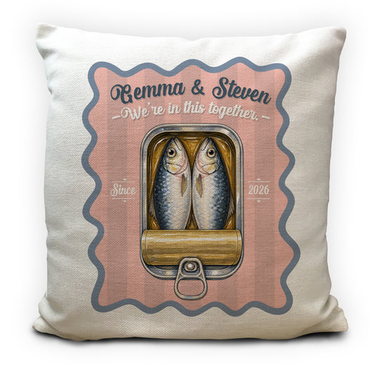 Personalised Sardine Cushion Cover, Couples Anniversary Gift, Custom Names & Year Pillow, Funny Fish Gift, Wedding Gift for Couple