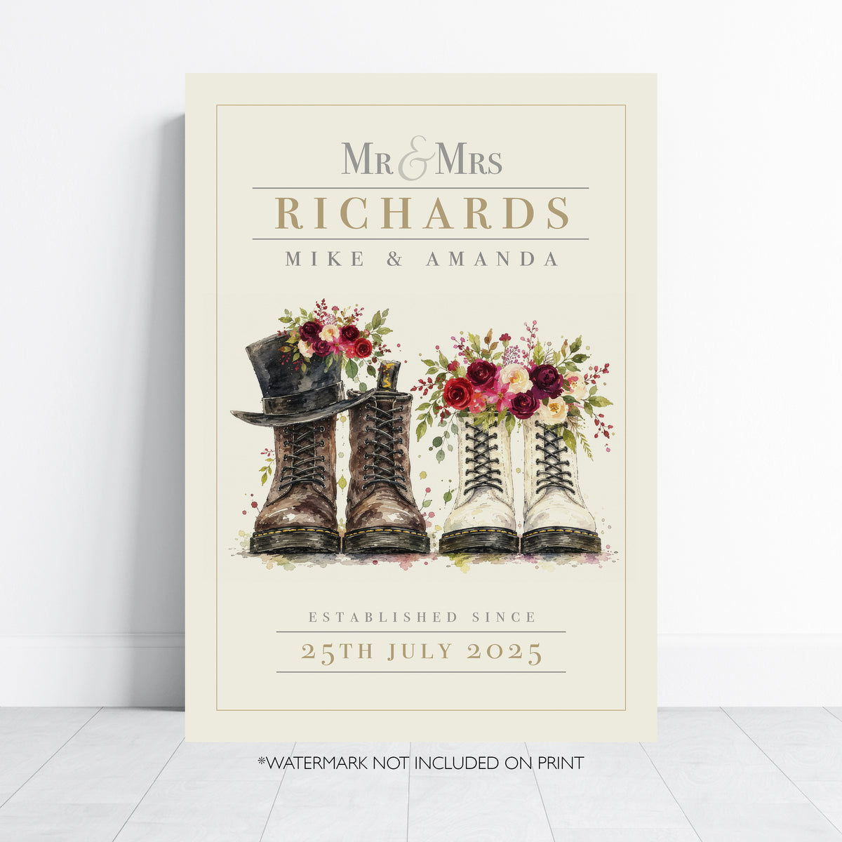 Personalised Alternative Wedding Boots Print – Floral Wedding & Anniversary Wall Art