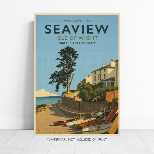 Seaview Isle of Wight Print Vintage Travel Poster Coastal Wall Art UK Seaside Decor Beach Illustration Retro Tourism A4 A3 A2 A1 Unframed