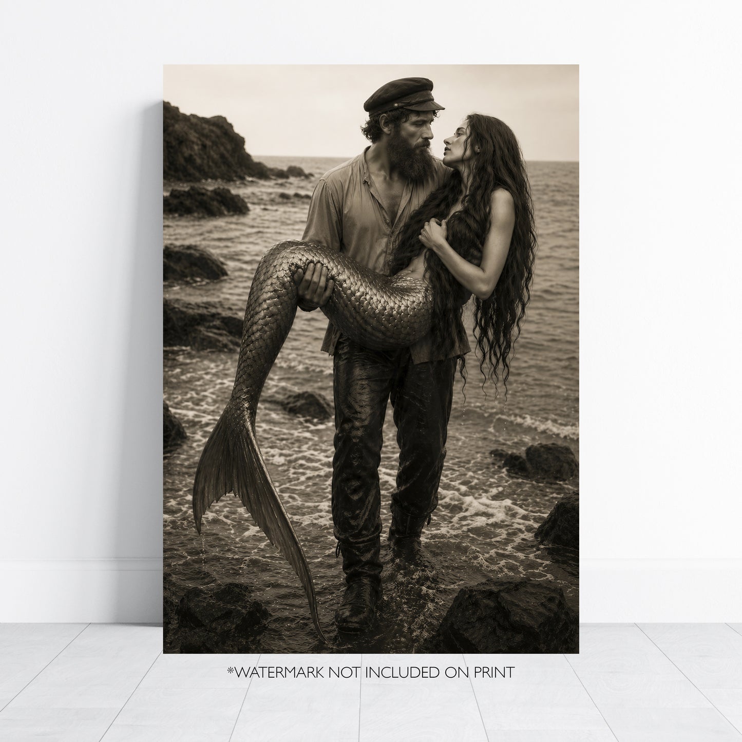 Mermaid Love Print Coastal Wall Art Romantic Ocean Couple Fisherman Mermaid Poster Fantasy Beach Decor Moody Black White Art