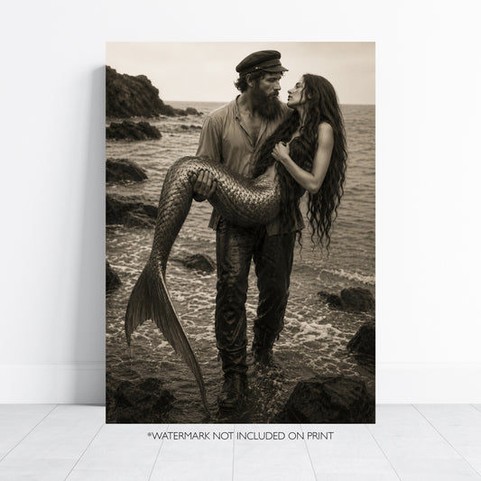 Mermaid Love Print Coastal Wall Art Romantic Ocean Couple Fisherman Mermaid Poster Fantasy Beach Decor Moody Black White Art