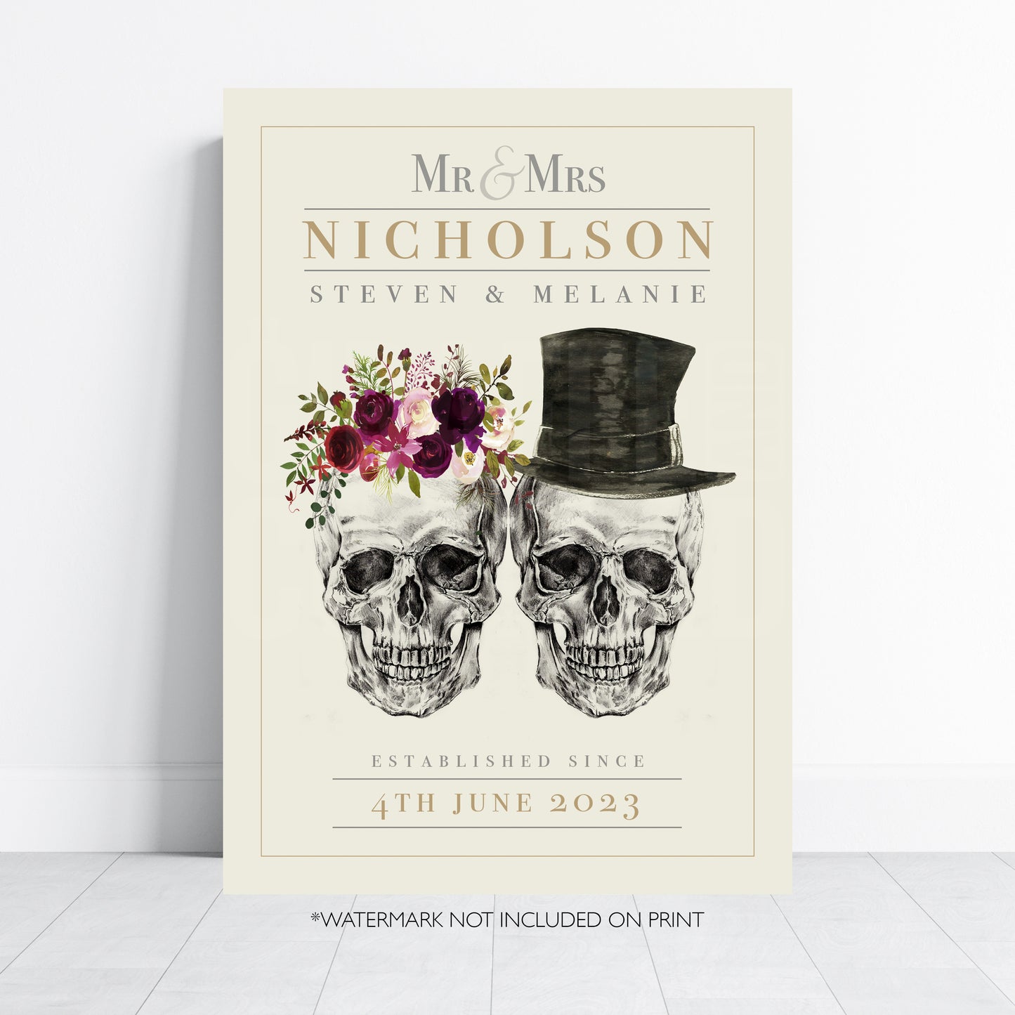 Personalised Skull Couple Wedding Print – Alternative Gothic Wall Art