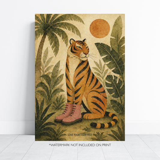 Tiger Jungle Print Botanical Animal Wall Art Mid Century Style Safari Poster Tropical Decor Tiger Lover Gift A4 A3 A2 A1