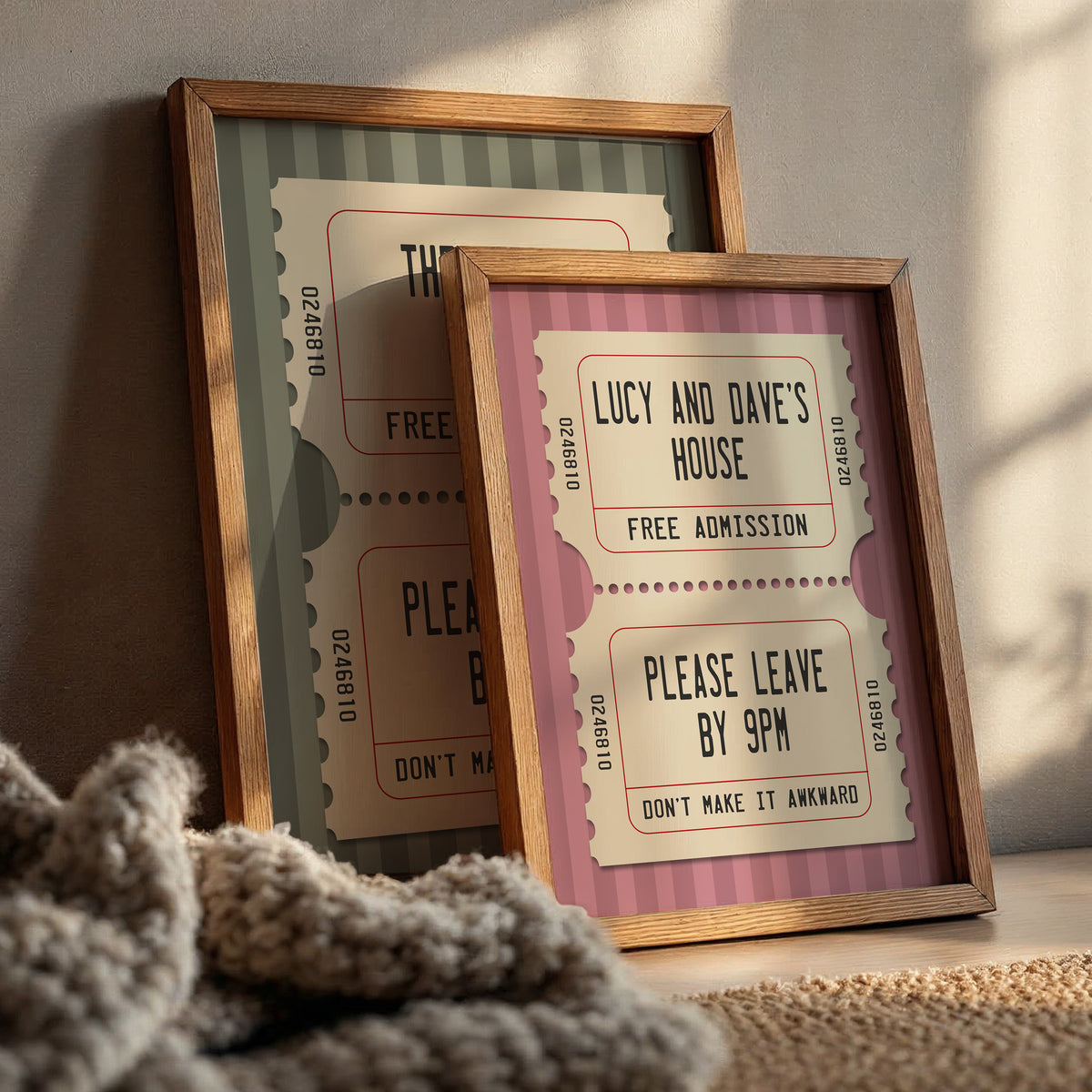 Personalised funny house wall art with vintage cinema tickets, custom names and please leave by 9pm message