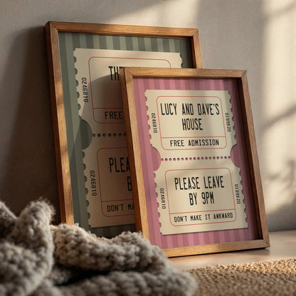 Personalised funny house wall art with vintage cinema tickets, custom names and please leave by 9pm message