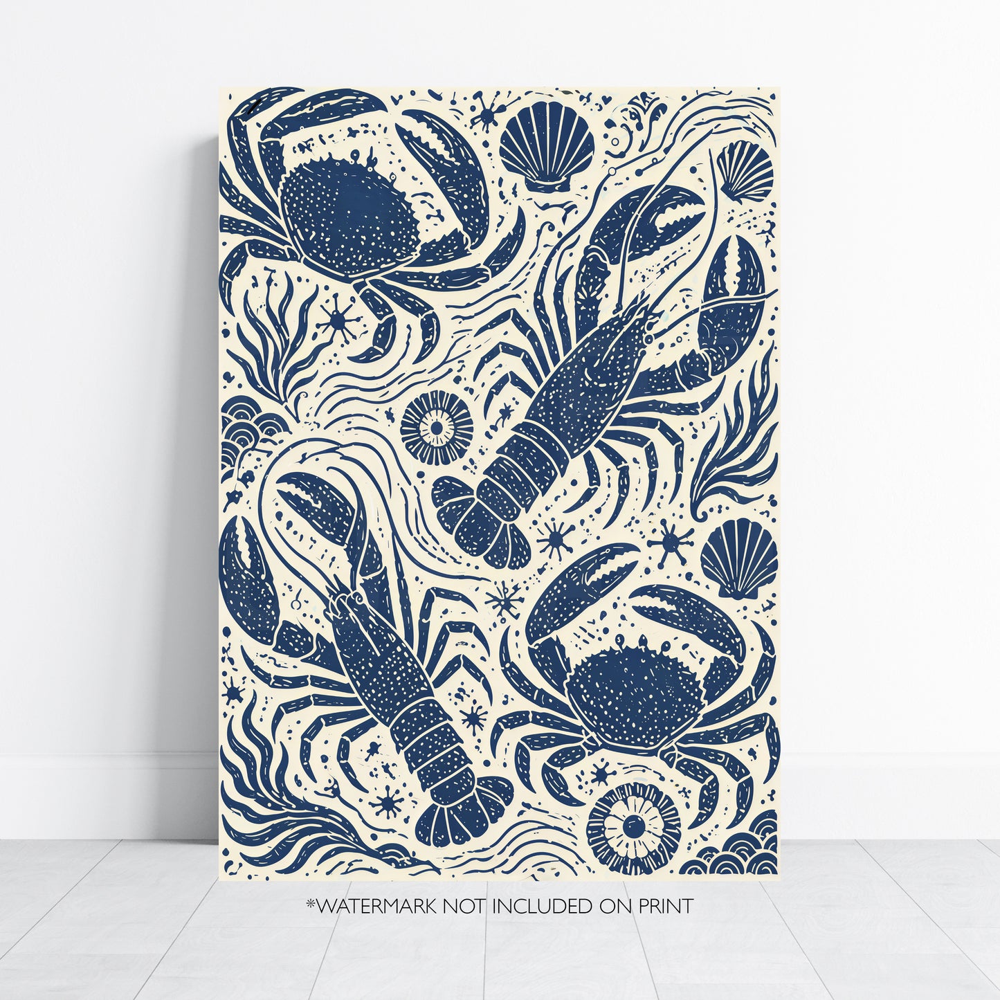 Coastal Seafood Pattern Print Nautical Wall Art Crab Lobster Poster Beach House Decor Blue White Ocean Kitchen Art A4 A3 A2 A1 Unframed