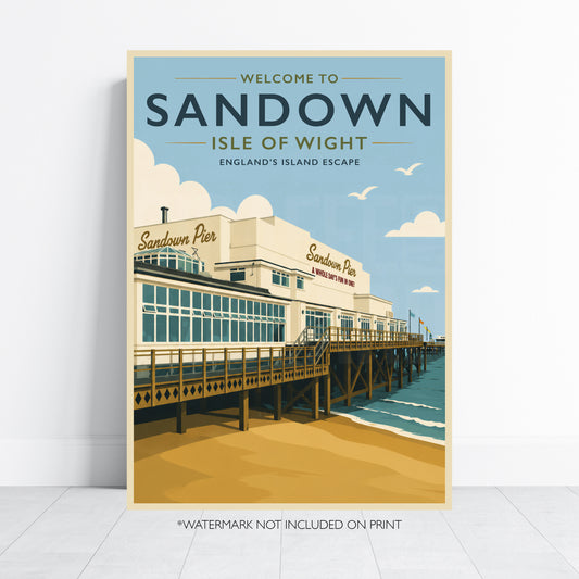 Sandown Isle of Wight Print Vintage Travel Poster Beach Pier Wall Art UK Coastal Decor Seaside Illustration Retro Tourism A4 A3 A2 A1
