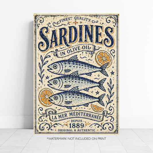 Vintage Sardines Print Coastal Kitchen Wall Art French Seafood Poster Mediterranean Decor Nautical Fish Illustration A4 A3 A2 A1
