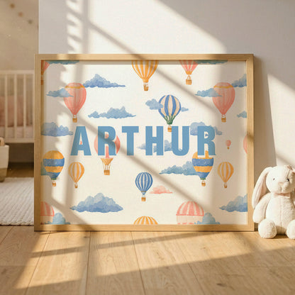Personalised hot air balloon nursery wall art with child's name and colourful watercolour balloons and clouds