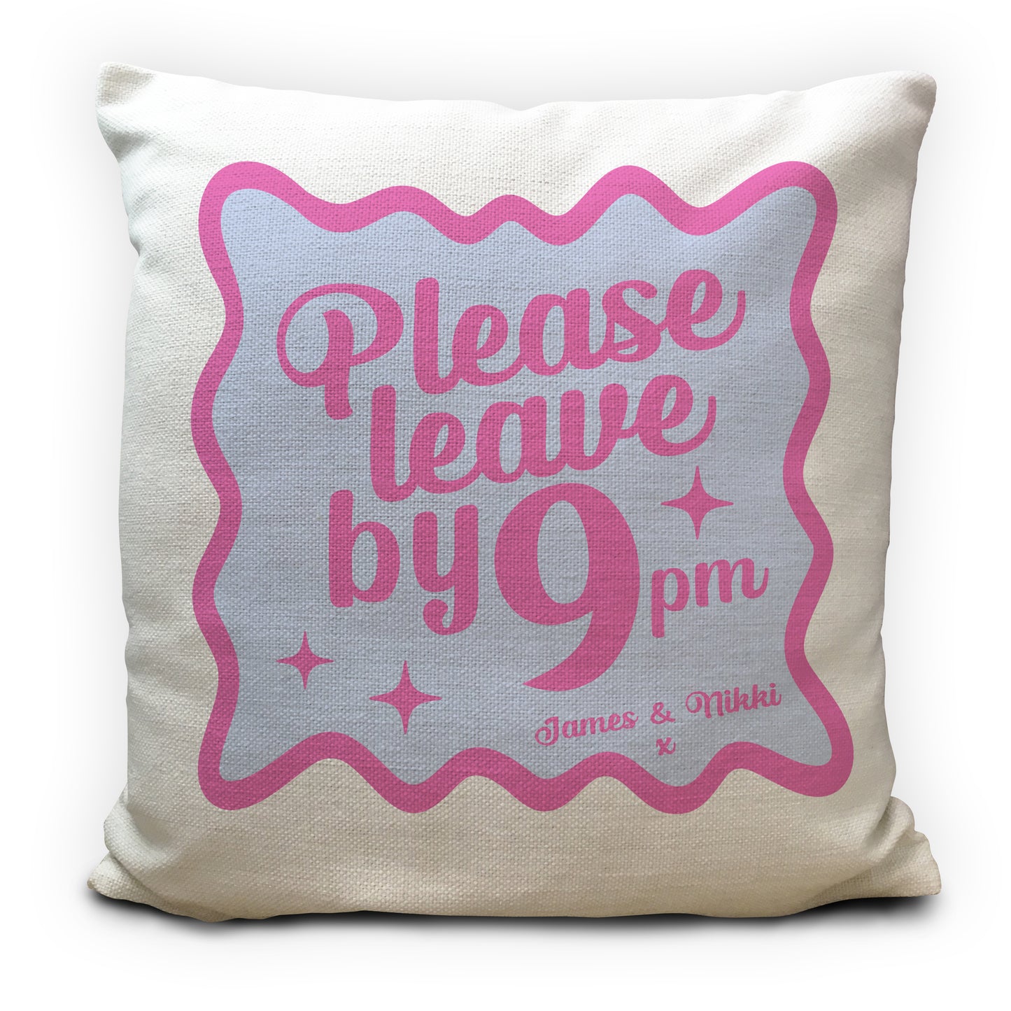 Personalised Please Leave by 9pm Cushion Cover, Funny Couples Gift, Custom Names Pillow, Quirky Home Decor, Housewarming Gift